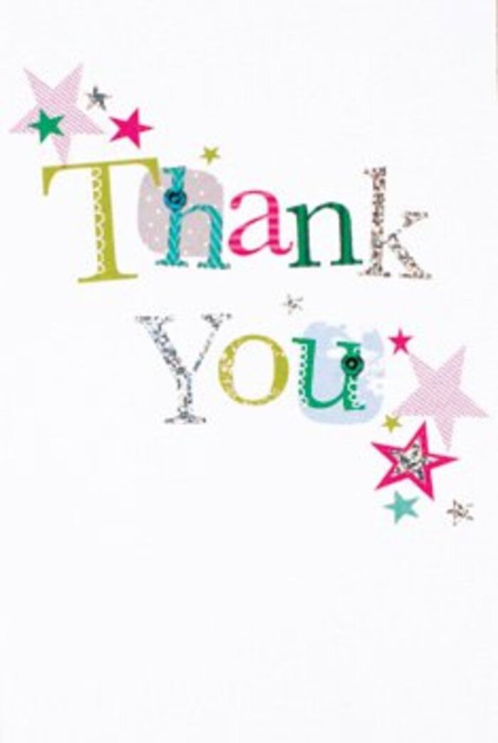 There's an understated exuberance in this thank you card, much like the quiet charm of a morning stroll through South Harrow's leafy avenues. The graceful arc of 'Thank You' sweeps across the centre in letters that each express their own mood-some playful, swirling with teal or lime green spots and cheerful curves, others silver-gilded and elegant with precise stitches or satin-finish flourishes. Around the inscription, vibrant stars-striped in bright pink or shimmering with cool turquoise and soft gold-cluster gently, imbuing the message with extra warmth. Set against a fresh white background, the design feels airy and contemporary, as open as the greenspaces near Alexandra Park. The composition achieves a fine balance: neither overly formal nor too whimsical, it offers a warm and universally appealing gesture of appreciation. I picture this card nestled alongside a bouquet of fresh South Harrow florals-perhaps hydrangeas or lilies-its sophisticated yet cheerful design amplifying the sentiment behind each flower. The textured finish and delicate sparkles invite a second glance and a lingering touch, making it as memorable as a thoughtful thank you shared among neighbours. This is a card for any occasion, radiating gratitude that is both heartfelt and beautifully expressed.