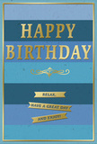 In this image, a birthday card is shown with a beautifully composed design of layered blues and gleaming gold, evoking a calm yet festive mood that would feel at home in any South Harrow living room. The background is structured in broad, horizontal stripes of blue, each a slightly different shade, creating an ombre progression from deep navy to lighter sky tones, like watching clouds drift above the rooftops near Alexandra Avenue. These matte blue bands feel soft and velvety to the eye, forming a soothing base for the metallic details. At the center, HAPPY BIRTHDAY is embossed in large, gold capital letters, crisp and evenly spaced, projecting a confident, celebratory message without shouting. The gold finish is subtly reflective, catching and releasing light as though the card were set near a window where daylight gently moves across it. Just underneath, a graceful golden flourish curls in a symmetrical arc, providing a decorative pause before the more personal sentiment below. Three narrow gold banners are stacked in orderly fashion, each carrying a segment of the phrase: Relax, have a great day and enjoy! Their straight edges and smooth, shiny texture balance the softer feel of the blues behind them. A slender gold line traces the outer edge of the card, framing the design with a sense of polish and completion, rather like a favourite picture hanging in a tidy South Harrow hallway. The overall impression is of thoughtful, understated elegance-a birthday card that invites the recipient to slow down, breathe, and savour their day, perhaps alongside a simple bouquet and a quietly prepared celebration at home.